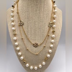 Pearl Gold Camellia Flower Triple Layer Necklace